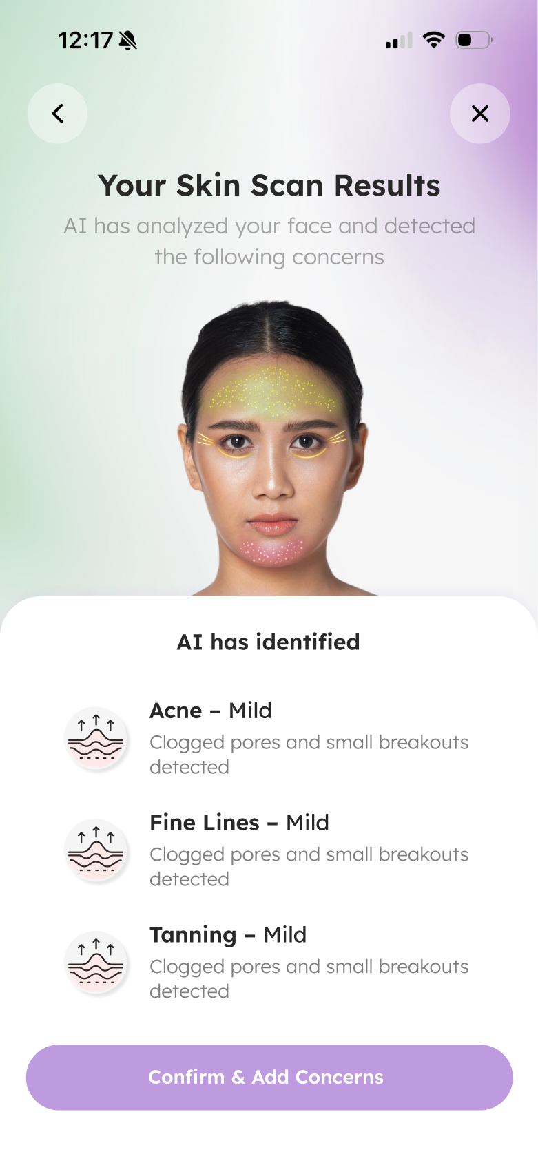 INARA skin analysis results interface