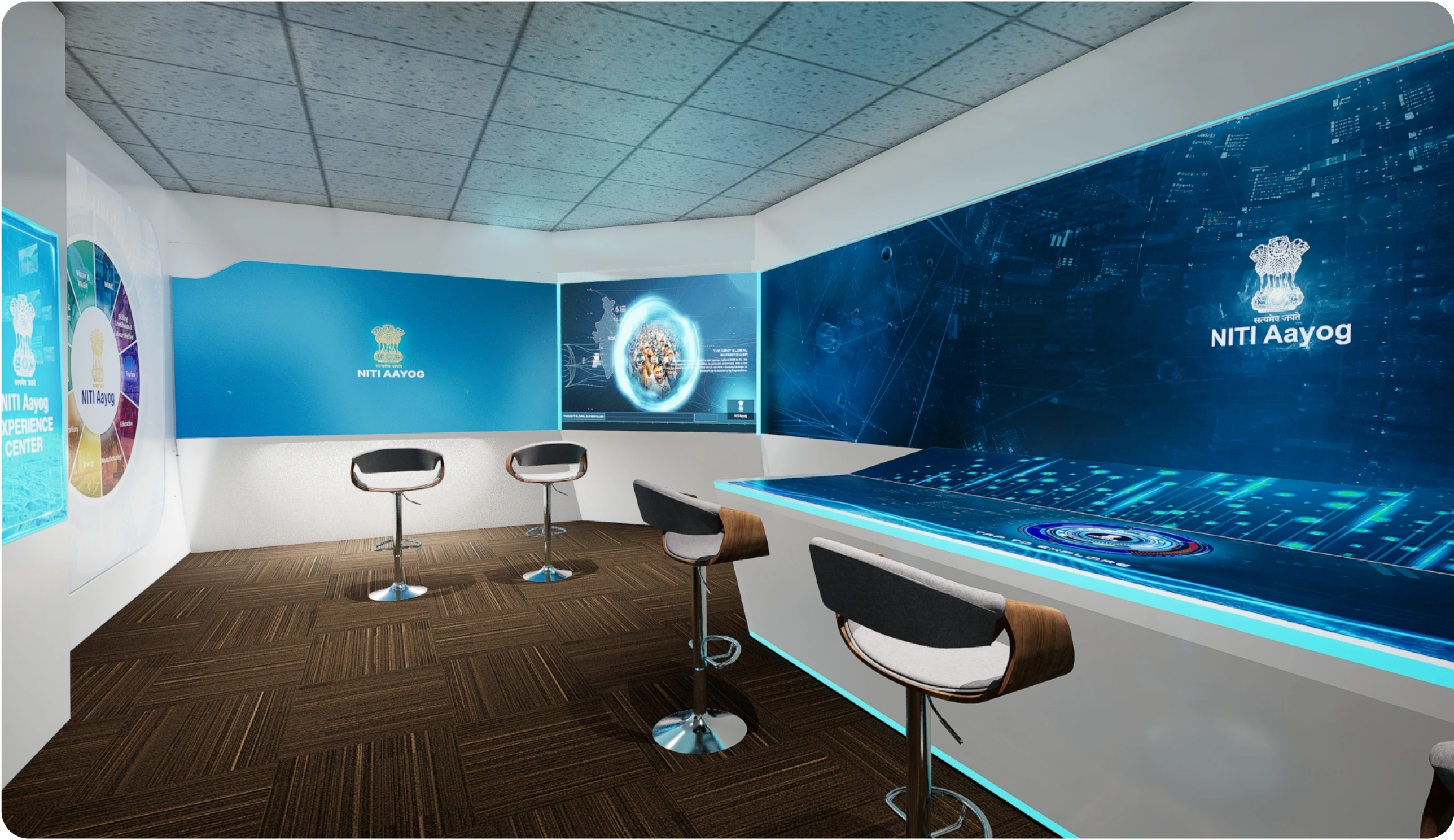 NITI Aayog Experience Centre visualisation showing panoramic displays and an interactive table