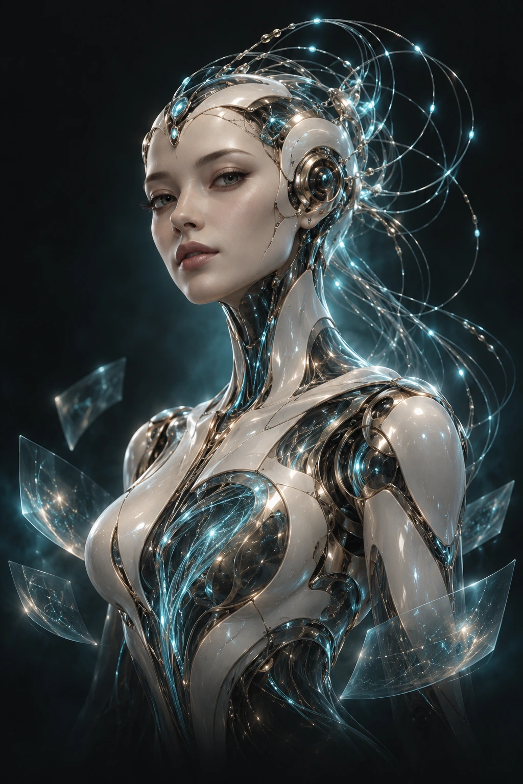 RAYA portrait with a luminous neural crown and glass memory layers