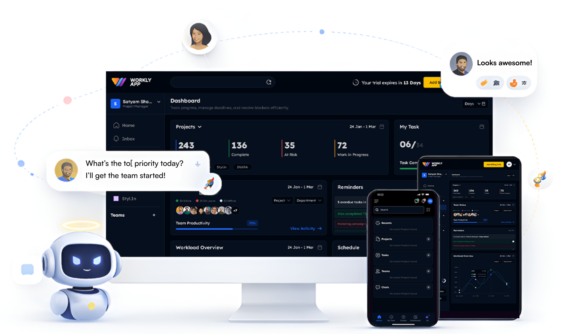 Workly desktop dashboard and mobile product mockups